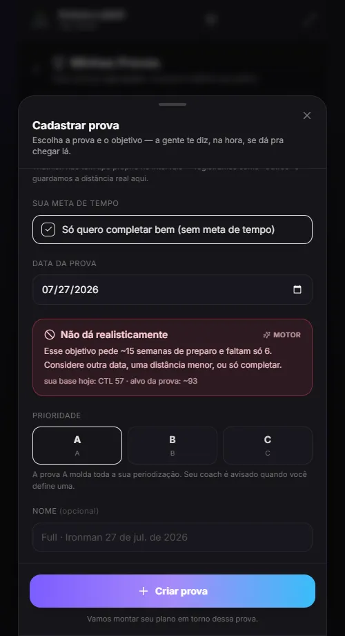 Card de viabilidade mostrando 'Não dá realisticamente' para um Ironman Full em 6 semanas, com o CTL atual e o alvo da prova