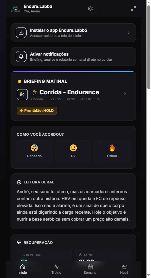 Tela inicial do aluno: briefing matinal com o treino do dia e o selo de prontidão, 'como você acordou' e a leitura geral